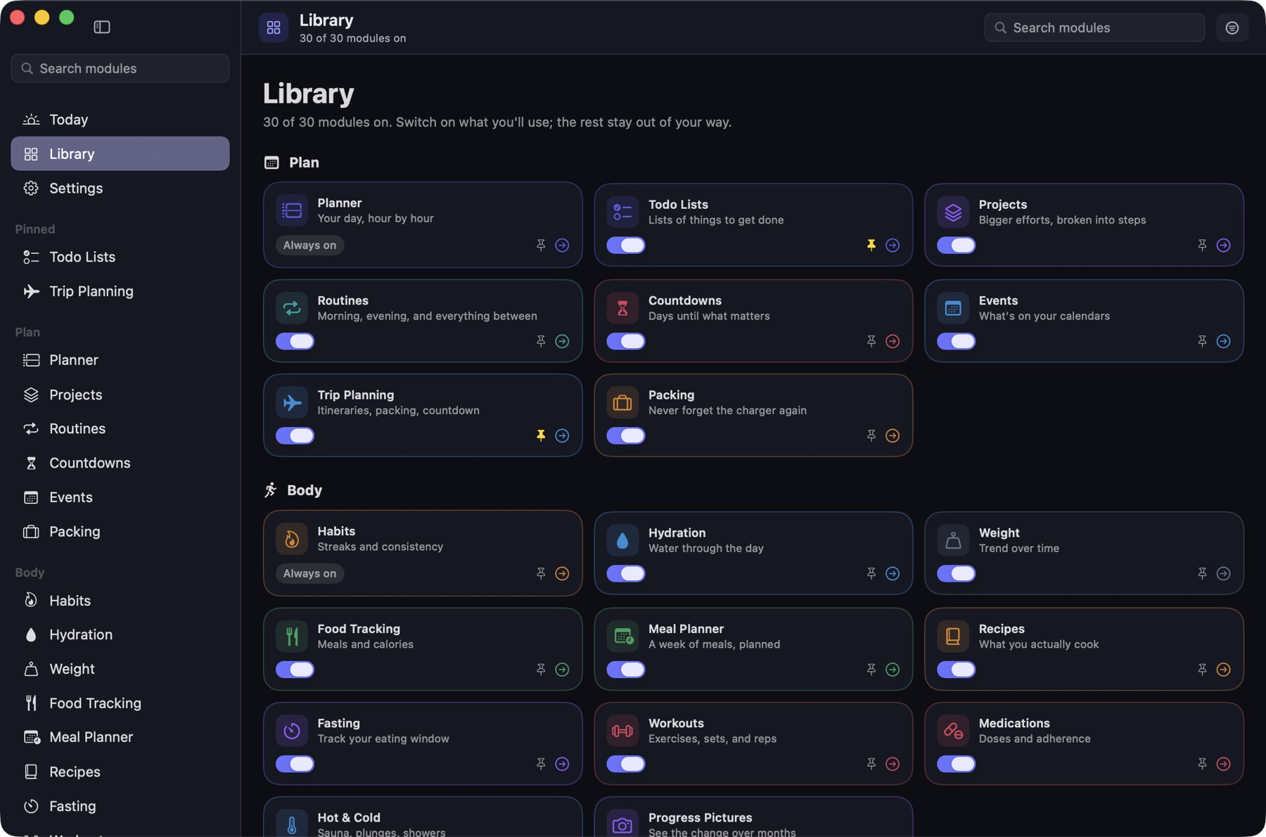 The module library showing thirty modules grouped by category, each with a toggle.
