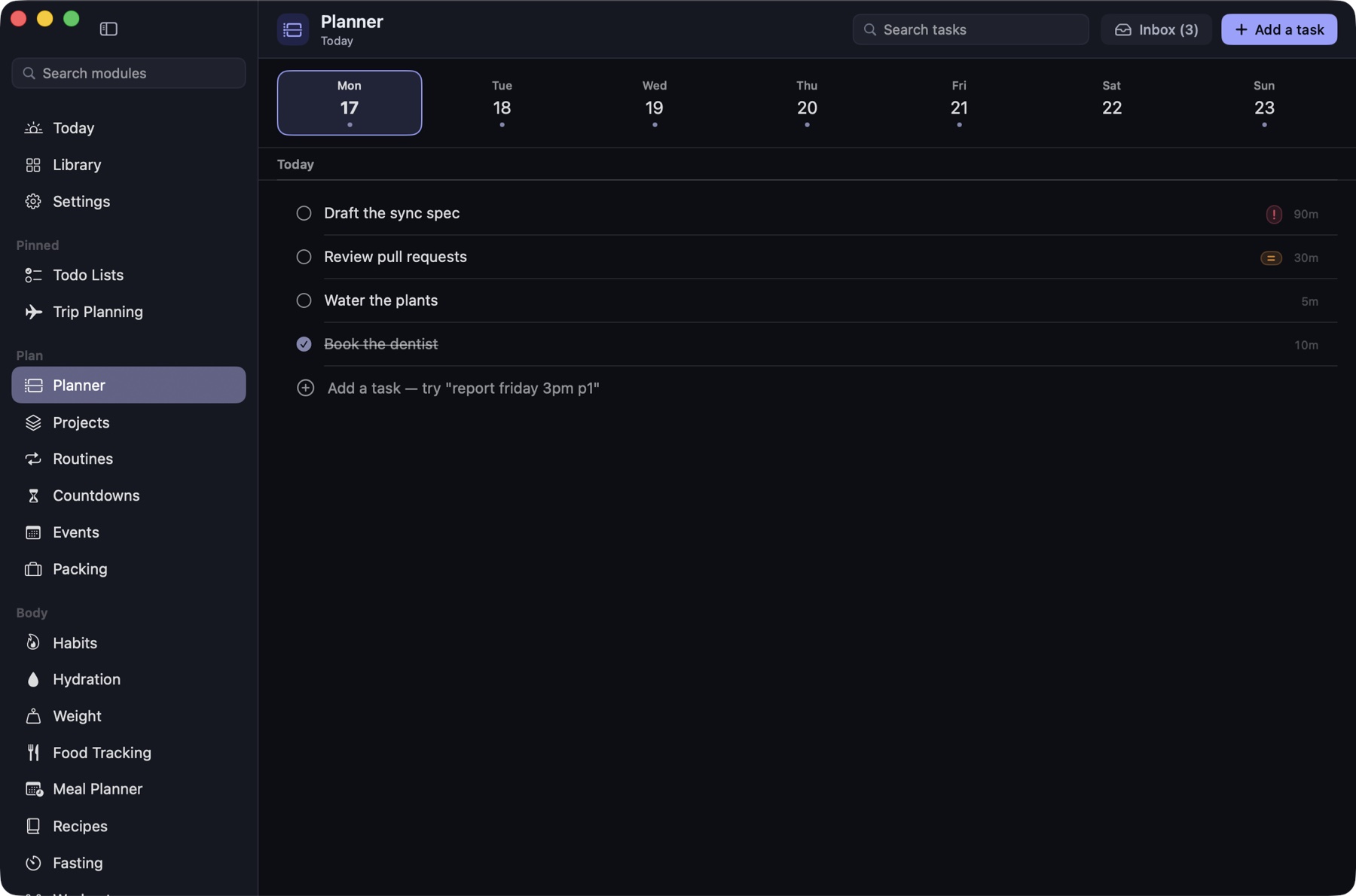 The Planner screen showing the day with tasks, durations and priority marks.