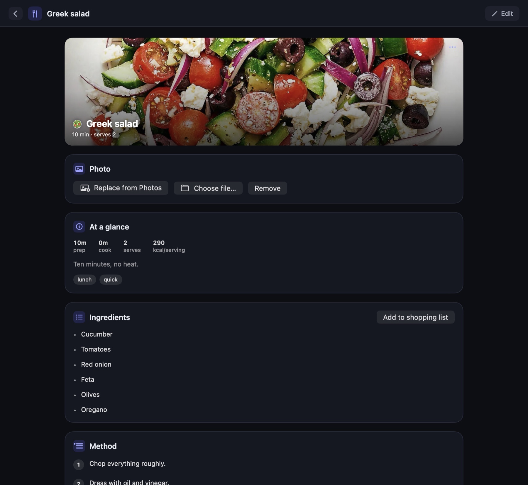 The Greek salad recipe: a photograph of the dish, prep and cook times, servings and calories, the ingredients with a button to send them to the shopping list, and the method.