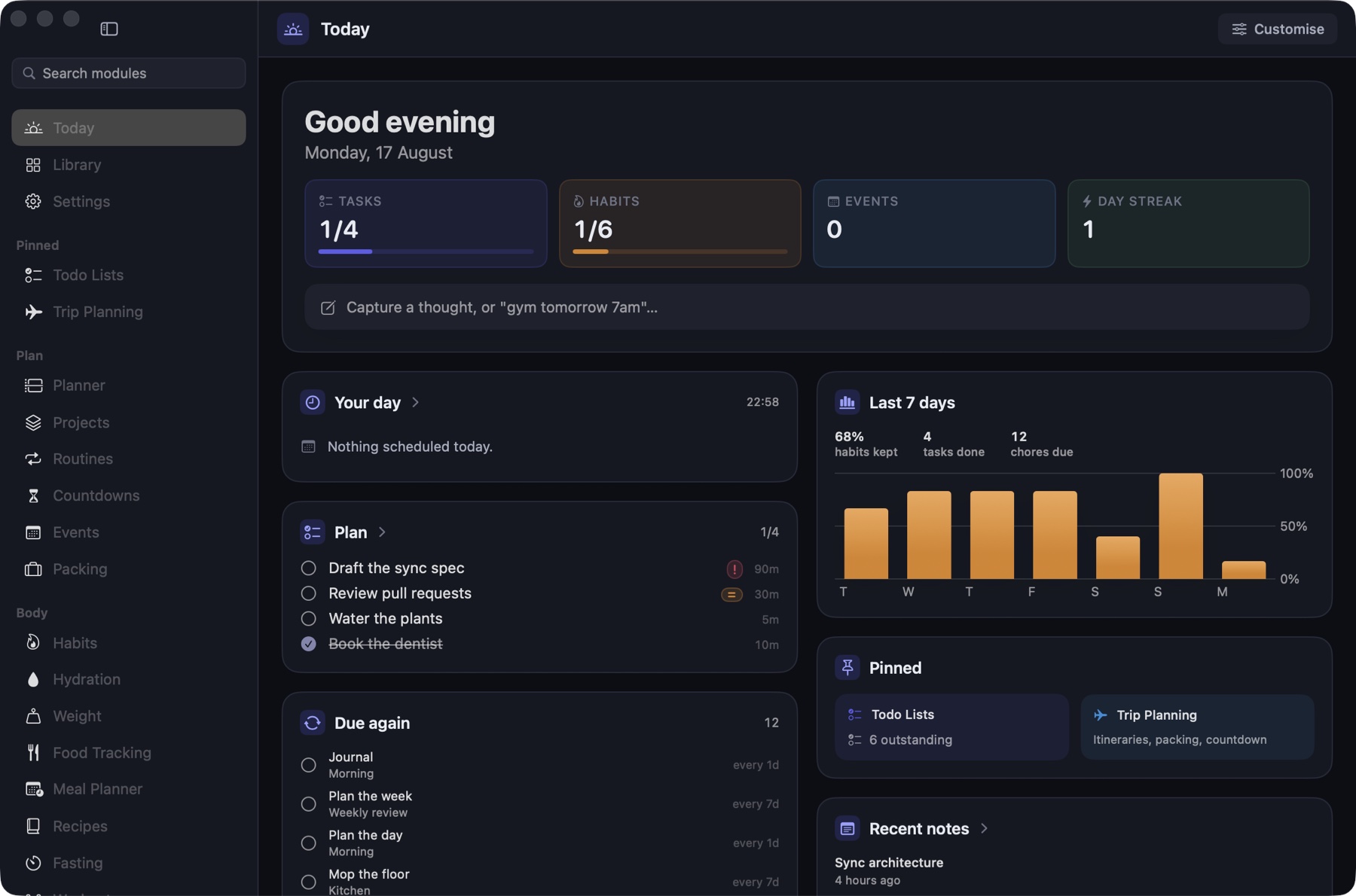 The Cadence window on macOS, open on the Today screen: sidebar with modules, task and habit counters, quick capture, the day's plan, chores due again, a seven day chart and recent notes.
