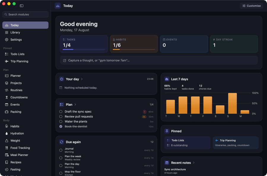 Cadence moving between the Today screen, the planner, notes, habits and the module library.